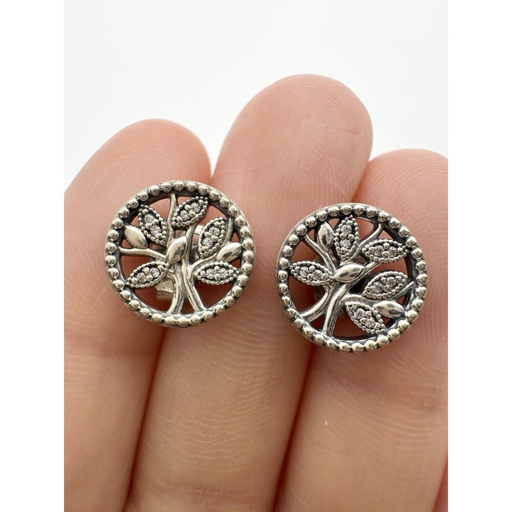 Authentic Pandora Sterling Silver Tree of Life CZ Stud Earrings